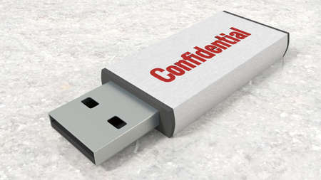 USB stick with the red word confidential close up on marble table 3D illustrationの写真素材