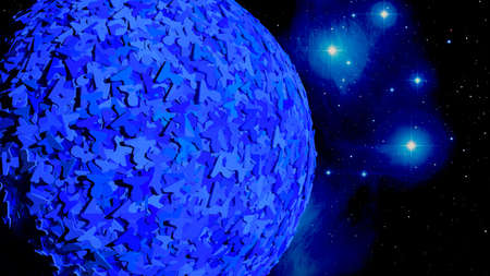 Globe in space covert with blue user icons and symbols social media concept 3D illustrationの写真素材