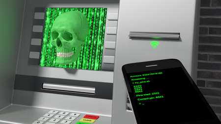 Mobile phone hacking a wireless ATM with a green skull coming out of the screen cybersecurity concept 3D illustrationの写真素材