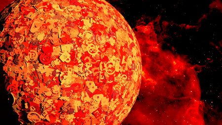 Globe in space covert with red security icons and symbols cybersecurity concept 3D illustrationの写真素材