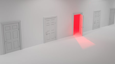 Corridor with several closed white doors and one open room with red shining light 3D illustration