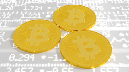 Three golden bitcoins on grey business background 3D illustrationの写真素材