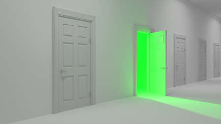 Corridor with several closed white doors and one open room with green shining light 3D illustrationの写真素材