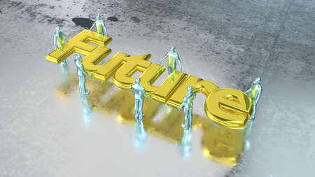 Group of silver people carry the huge golden word future on wet metal floor teamwork concept 3D illustrationの写真素材