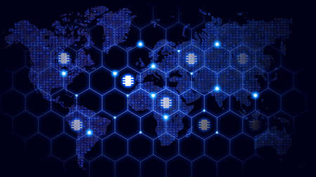 Hexagon network covering the world map with glowing chip symbols global internet of things conceptの写真素材