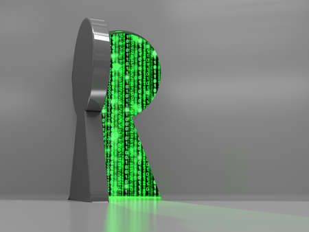 Keyhole in a wall with a thick metal door opening revealing green binary data streams backdoor cybersecurity concept 3D illustrationの写真素材