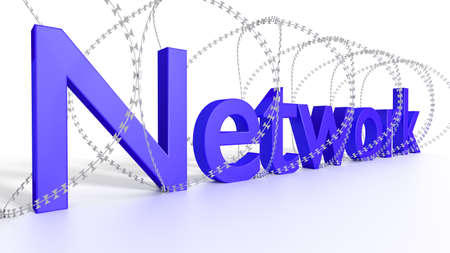 Big blue word network surrounded by barbed wire on white security concept 3D illustrationの写真素材