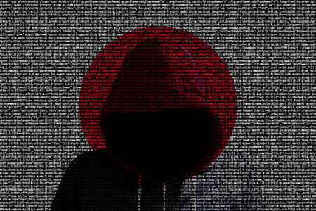 Japanese flag made from computer code with a hooded hacker shining through cybersecurity concept