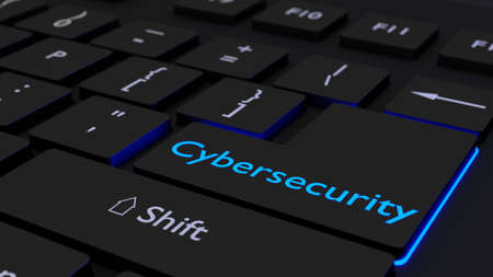 Black keyboard where the enter key is glowing blue showing the word cybersecurity information security concept 3D illustrationの写真素材