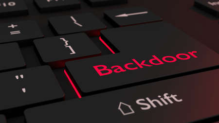Black keyboard where the enter key is glowing red showing the word backdoor cybersecurity concept 3D illustrationの写真素材