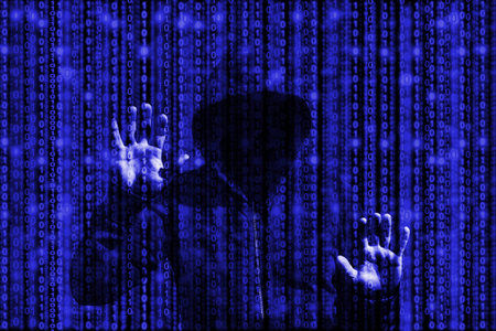 Blue computer code glowing binary streams background with a hooded hacker holding up both hands...