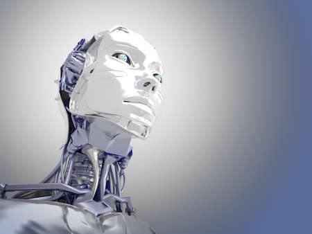 Robotic head from below in the spotlight with glowing eyes staring future concept 3D illustrationの写真素材