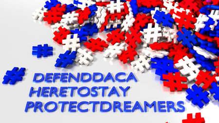 Most popular daca hashtag keywords on white surrounded by a pile of hashtags in american colors red...