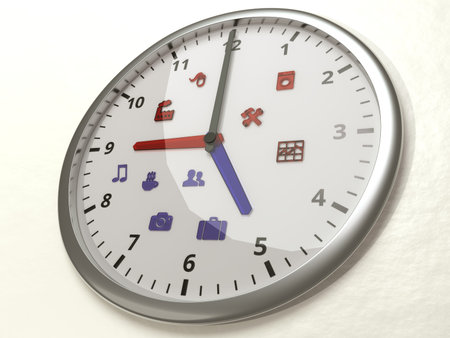 Watch hanging on a wall with 2 different time zones nine to five for work and 5 to 9 for life with...