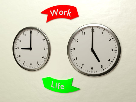 Two clocks on the wall showing the time nine and five and two arrow between them work life balance...