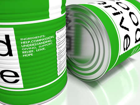 Closeup of two green food cans with the ingrediences of charity food drive help concept 3D illustrationの写真素材