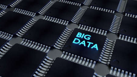 Glowing blue word big data on a cpu in a black chip network 3D illustrationの写真素材