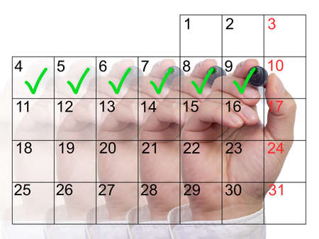 Several hands with different opacity marking the days of a week in a calendar with green tickmarks fast success conceptの写真素材