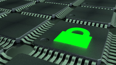 Grid of connected CPUS and a green padlock symbol glowing cybersecurity of internet of things...