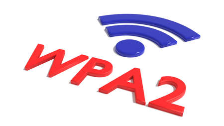 Red word WPA 2 network encryption and a blue wifi symbol on white backdoor cybersecurity concept 3D illustrationの写真素材