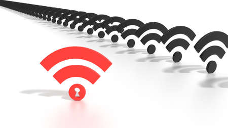 Red wifi symbol among black wireless icons on white where the dot has a keyhole compromised WPA2 wifi network cybersecurity 3D illustrationの写真素材
