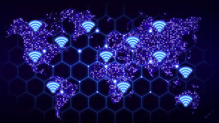 Blue glowing hexagon grid world map with various wifi symbols with a keyhole in it WPA2 krack cybersecurity concept illustrationの写真素材