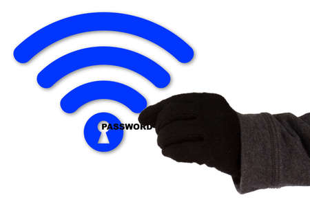 Hand with glove taking the word password of a blue wifi symbol with a keyhole WPA2 backdoor krack cybersecurity conceptの写真素材