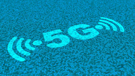 5G and wifi symbols in blue on a square matrix background highspeed communication concept 3D illustrationの写真素材
