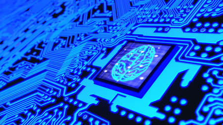 Blue glowing circuit board and a CPU with a brain symbol on top machine learning concept 3D illustrationの写真素材
