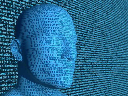 Binary code projected on a blue head in front of a computercode background artificial intelligence...
