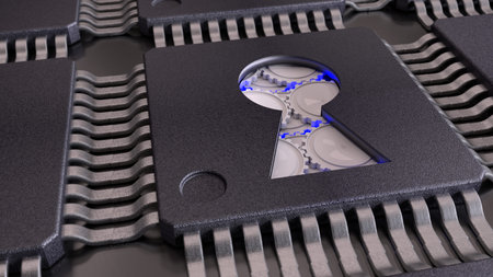Chip with a keyhole opening reveals blue gears mechanism cybersecurity concept 3D illustration