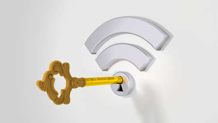 Grey wifi symbol with a keyhole on a white wall and a golden key 3D illustrationの写真素材