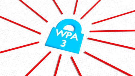 Blue padlock with the white word wpa3 and red arrows simulation a brute forca attack on random letter floor 3D illustrationの写真素材