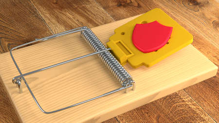 Moustrap with a red shield as bait cybersecurity concept 3D illustrationの写真素材