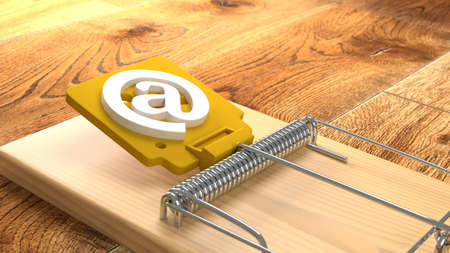 Mousetrap on wooden floor with an at symbol phishing cybersecurity concept 3D illustrationの写真素材