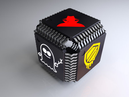 Cube made of computerchips with a meltdown spectre and hacker symbol on the sides cybersecurity 3D...