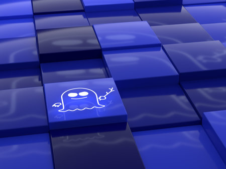 Spectre symbol floating over a random reflecting blue cube landscape cybersecurity concept 3D illustrationの写真素材