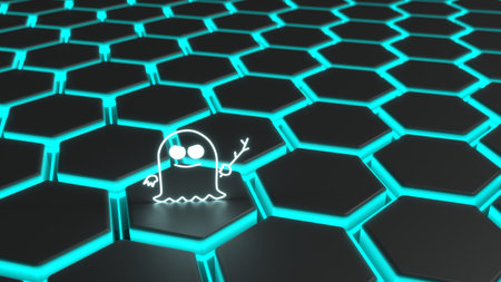 Ghost spectre icon on top of a black glowing hexagon grid 3D illustration