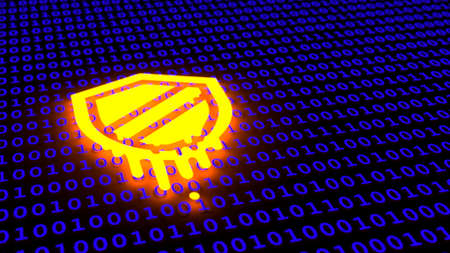 Binary matrix of blue zeros and ones and a glowing orange meltdown symbol floating on top cybersecurity concept 3D illustrationの写真素材