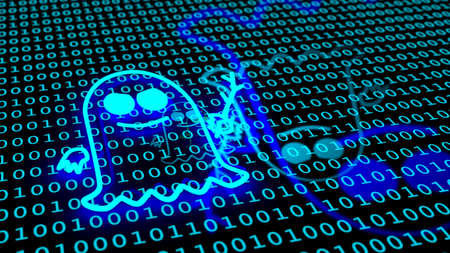 Blue ghost symbol floating over binary floor spectre icon cybersecurity 3D illustrationの写真素材