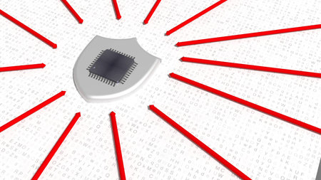 Red arrows hitting a silver shield on random letter floor with cpu on top cybersecurity concept 3D...
