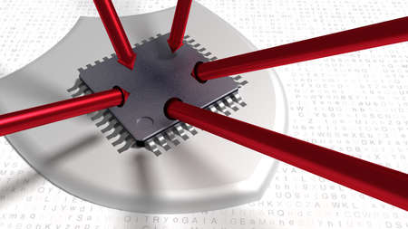 Red steel arrows trying to hit a cpu on a shield placed on a random white letter background cybersecurity concept 3D illustrationの写真素材