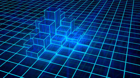 Glowing blue grid with a pile of elevated pillars 3D illustrationの写真素材