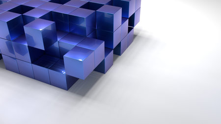 Pile of blue metallic cubes structure on white floor 3D illustrationの写真素材