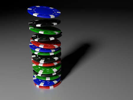 Pokerchips falling onto a stack on a white table in dark environment 3D illustrationの写真素材