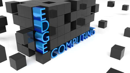 Wall of black cubes holding the word edge computing on white technology concept 3D illustrationの写真素材
