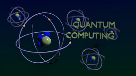 Quantum computing concept green and blue molecules on dark background 3D illustration
