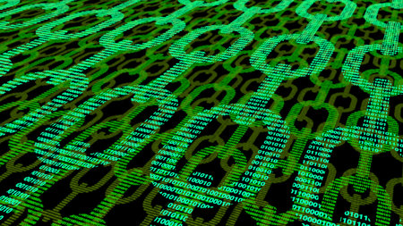 Green flat chains with binary texture and multiple layers blockchain concept 3D illustration