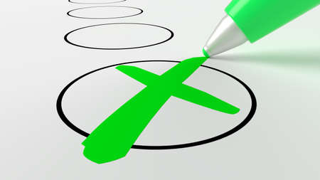 Green pen putting a cross in a circle on a checklist 3D illustrationの写真素材