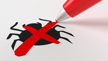 Red pen crossing of a black bug symbol cybersecurity concept 3D illustration